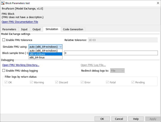 FMU block dialog with simulate FMU using drop-down selecting x86-windows