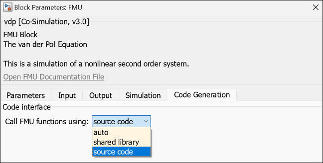 FMU block dialog with call FMU function using set to source code
