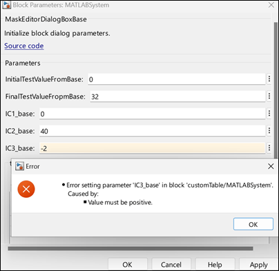 Mask dialog box of a MATLAB System block. An error is displayed when the parameter IC3_base is set to a negative value.