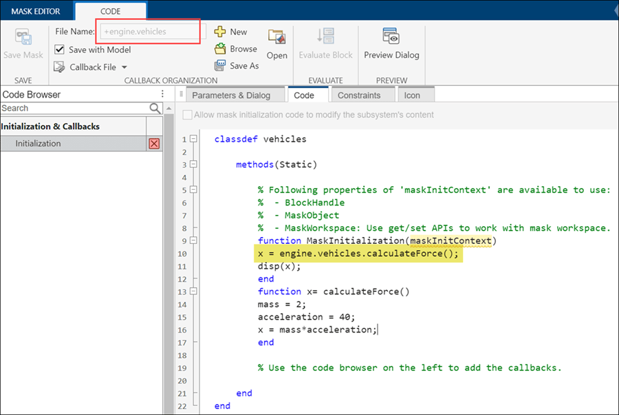 Code tab of the Mask Editor displaying callback saved in a callback file.