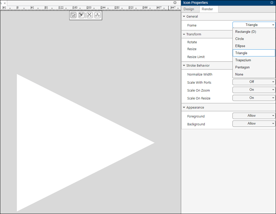 Graphical Icon Editor. In the Icon Properties pane, the value Triangle is selected from the Frame list. In the canvas, the icon is in the shape of a triangle.