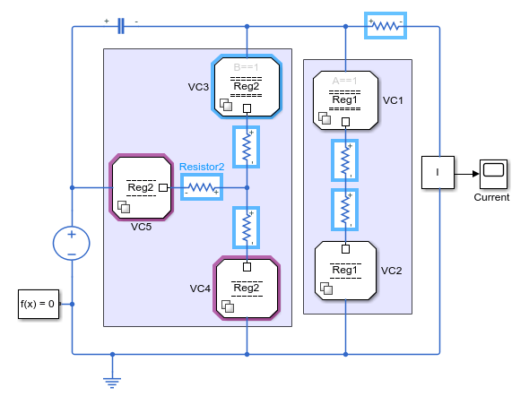 Model of an electric circuit, in which a primary Variant Connector block is selected, and its two related nonprimary Variant Connector blocks are highlighted