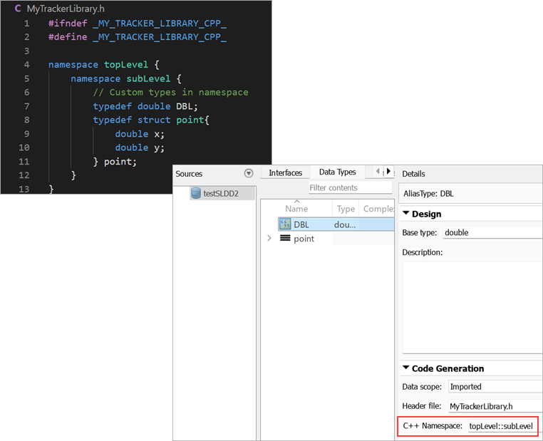 The Architectural Data section of a data dictionary shows imported C++ code namespaces.