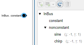 The port contains the selected element and a nested bus, which has three elements with nondefault properties. The nested bus and its elements are not selected by an In Bus Element block.