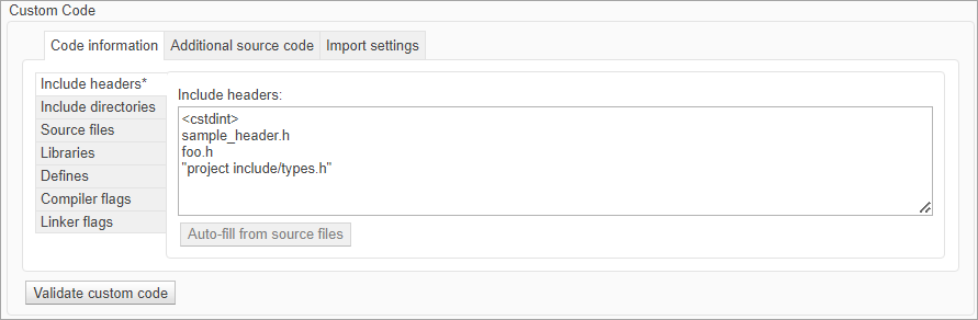 Include headers parameter of Simulation Target pane supports list of header files without #include directive.