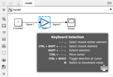 Simulink model with a Gain block selected in movement mode, and the corresponding panel in the bottom right hand corner