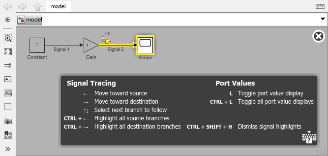 Simulink model with the outbound signal from a Gain block selected, Highlight Signal to Destination active, and the corresponding panel in the bottom right hand corner