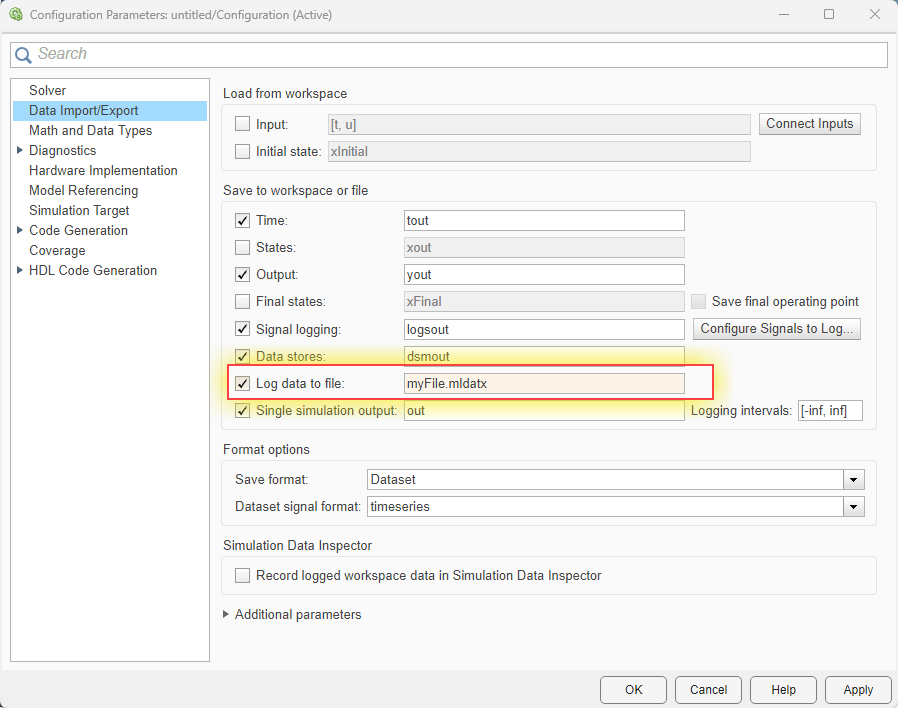 The Configuration Parameters dialog box with the Log data to file option highlighted