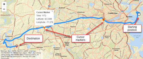 Enhanced map markers show the starting position, destination, and a cursor at time 1302 for a route from Boston to Natick