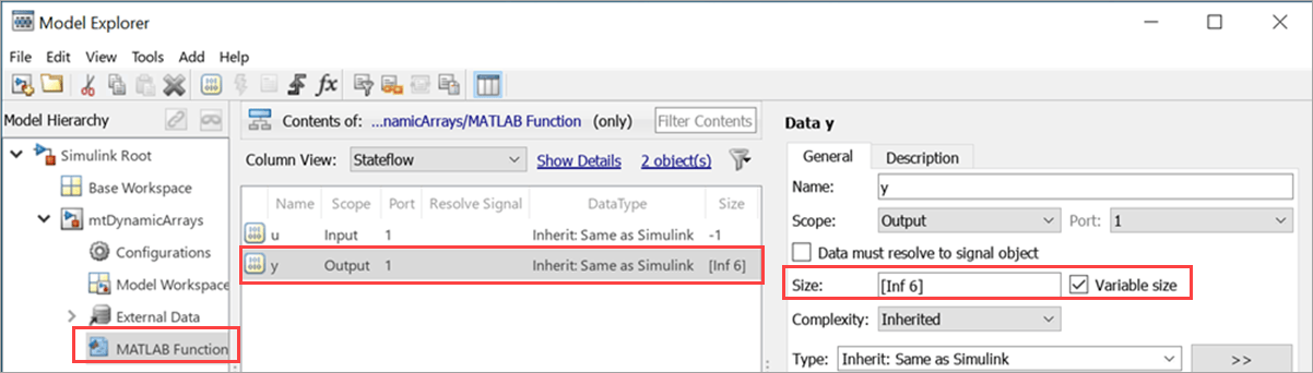 Set up MATLAB Function block to output unbounded variable-size array