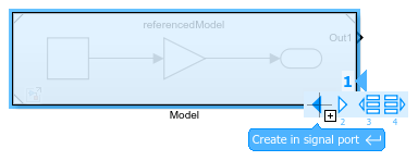 Action menu for port creation with the pointer paused on the Create in signal port button