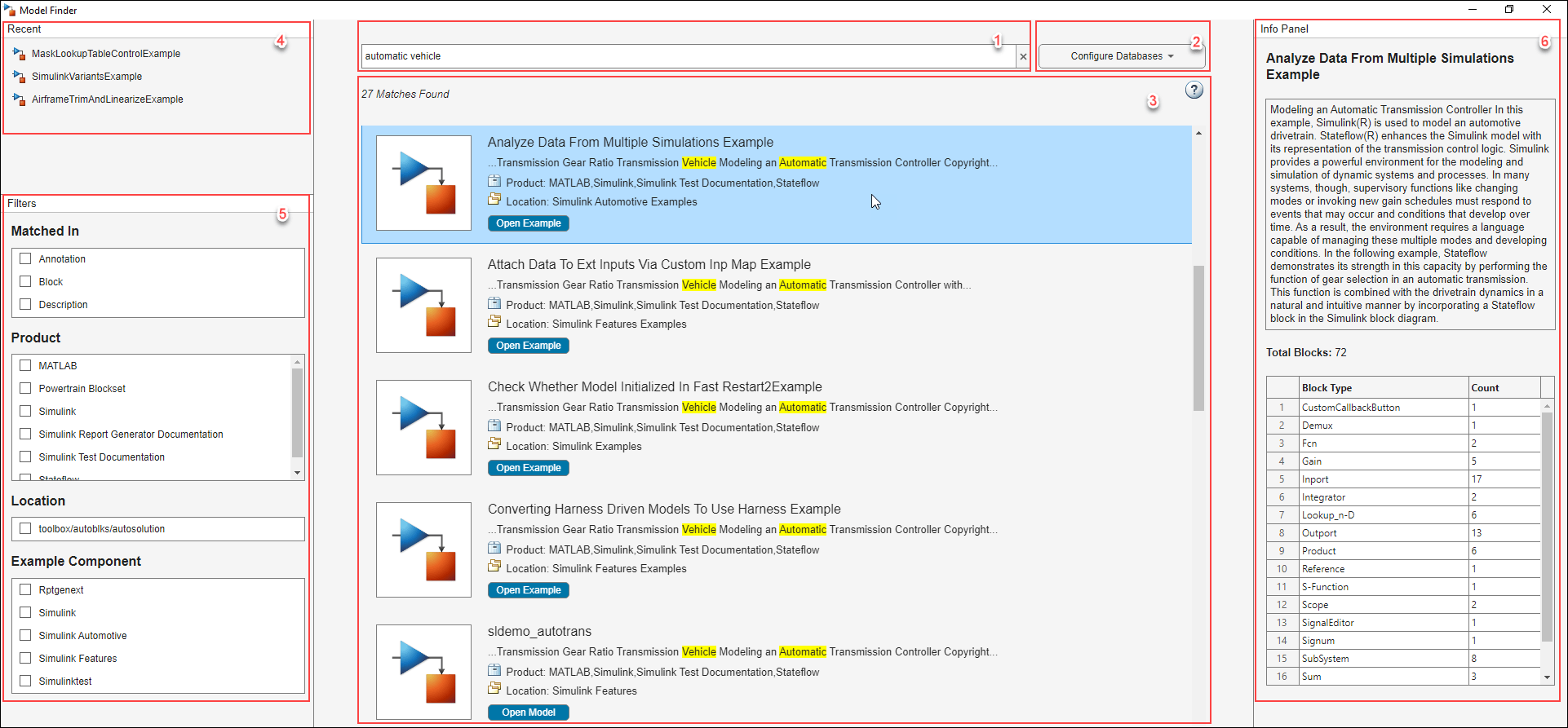 View of the Model Finder UI. Left side displays the recent search history and filters. In the middle, the search bar and search results are seen. The right side displays the info panel with the description and count of blocks of the selected search result.