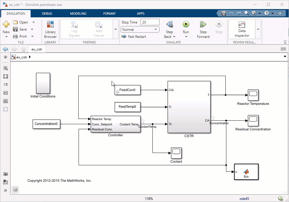 Animated image. In the image, there is a subsystem called CSTR. A Constant block named FeedTemp0 and a masked subsystem named FeedCon0 are connected to this subsystem. The pointer selects both the Constant block and the masked subsystem. The Multiple tab appears in the toolstrip. In the Multiple tab, the pointer clicks the Move In button, moving the two blocks into the CSTR subsystem. Next, the pointer selects the Constant block and masked subsystem again. In the Multiple tab, the pointer clicks the Move Out button, moving the two blocks out of the CSTR subsystem.