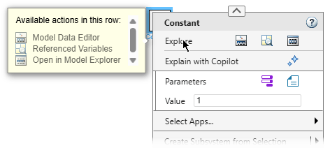 The Constant block context menu is open, and a pointer is paused on the Explore button row. A tooltip displays "Available actions in this row: Model Data Editor, Referenced Variables, Open in Model Explorer". Each option the tooltip displays is preceded by the corresponding button icon.