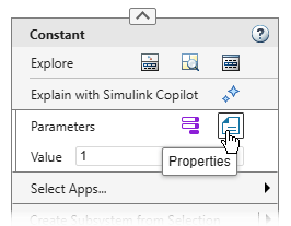 The Constant block context menu is open, and a pointer is paused on the Properties button. A tooltip displays Properties.