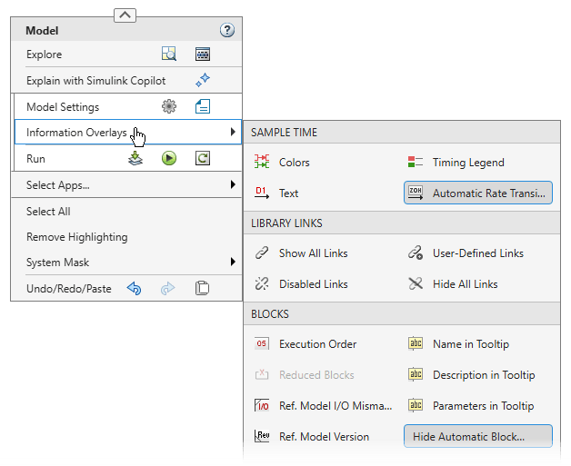Top Model context menu with Information Overlays gallery expanded
