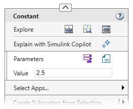 The Constant block context menu is open, and in the text box labeled Value, the value 2.5 is entered.