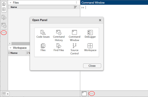 MATLAB Online desktop with the Open more panels buttons circled in the left and bottom sidebars. The Open Panel dialog box shows the available panels.