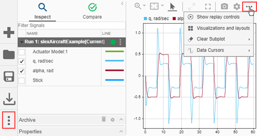Overflow menus in the Simulation Data Inspector.