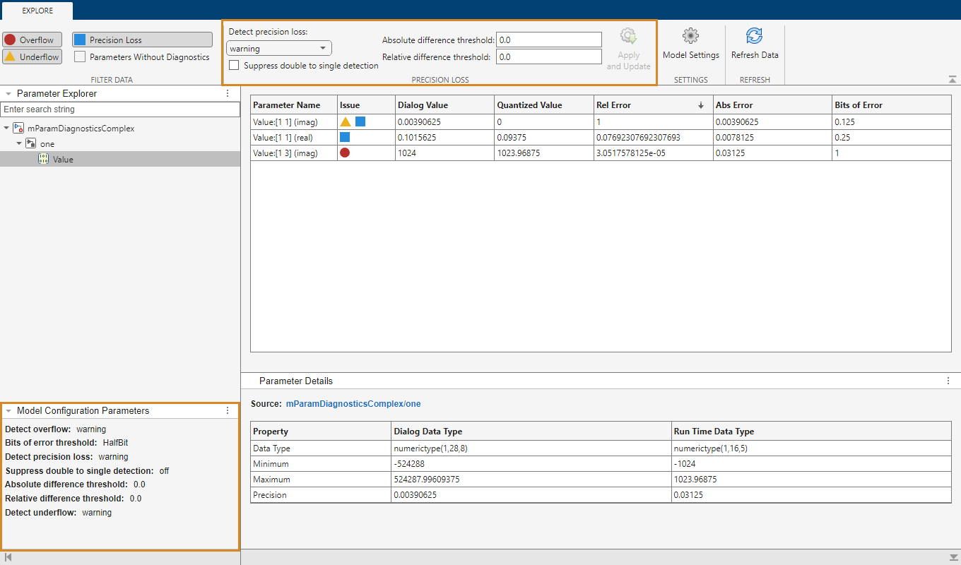 Screenshot of the Parameter Quantization Advisor app. The new Precision Loss toolstrip section and the new Model Configuration Parameters panel are highlighted.