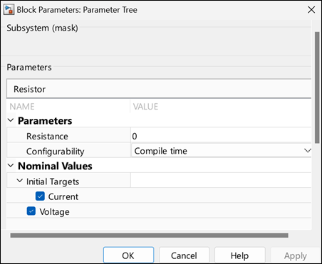 Parameter tree displaying parameters in a nested structure.