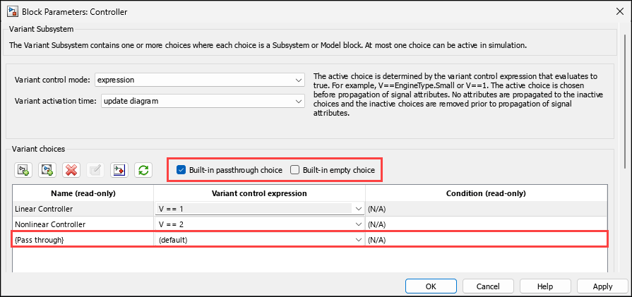 Block Parameters dialog box of a Variant Subsystem block displaying the new Built-in passthrough choice and the renamed Built-in empty choice parameters. The selected Built-in passthrough choice parameter creates a default variant choice in the Variant choices table