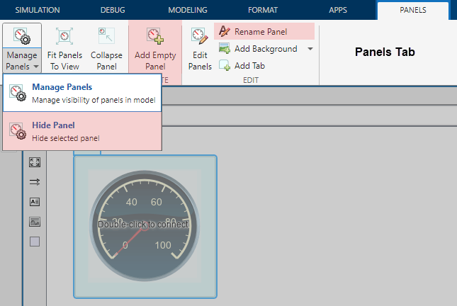 The image shows a Simulink model window. In the canvas, there is a panel that contains a Circular Gauge block. The panel is selected. In the Simulink Toolstrip, the Panels tab is open, and the Manage Panels split button is expanded to show the Manage Panels and Hide Panel buttons. The Hide Panel, Add Empty Panel, and Rename Panel buttons are highlighted in red.