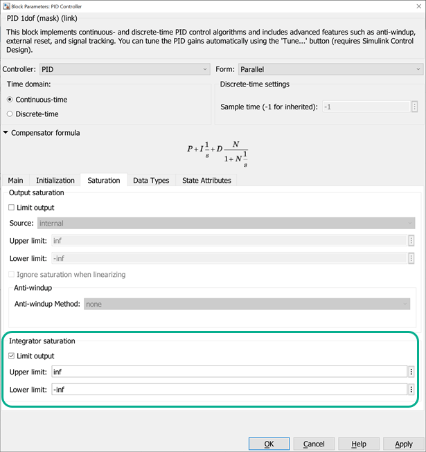 PID Controller block parameters dialog.