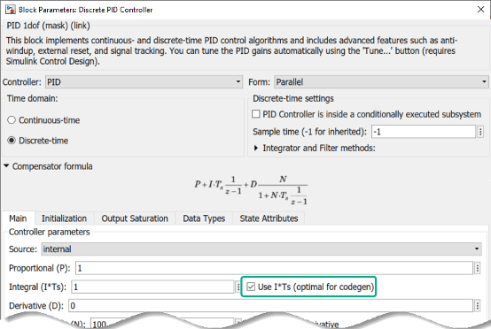Discrete PID Controller block parameters.