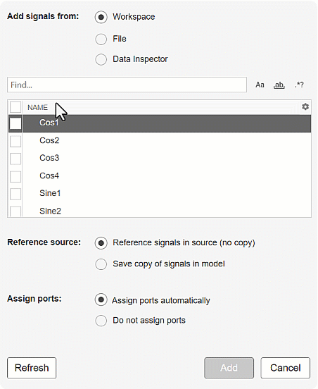 Animation showing how to narrow down search results. First, the search term sine (with a lowercase s) is used to find only those signals that contain the word sine in the name. Then, the option to use regular expressions is selected and the search term is changed to sine[1-4]. This finds only those signals with names that contain the word sine followed by a number between 1 and 4. Next, the option to exclude partial matches is selected. This limits the results to signals whose full names match the search term. For example, the signal named cosine1 is removed from the search results. Lastly, the option to match case is selected. Since the search term is all lowercase, only signals with lowercase names remain in the search results. The final list contains the following signals: sine1, sine2, sine3, and sine 4.