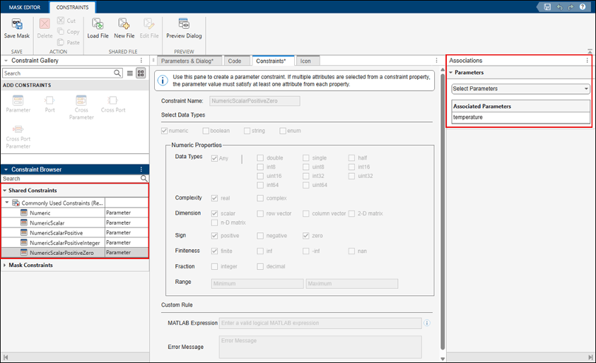 Constraints tab of the Mask Editor. The predefined constraint NumericScalarPositive is applied to a mask parameter.