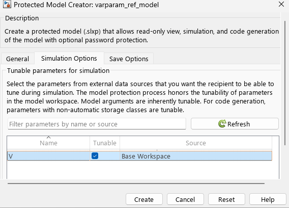 Simulation Options tab in the Protected Model Creator window shows the variant control V selected.