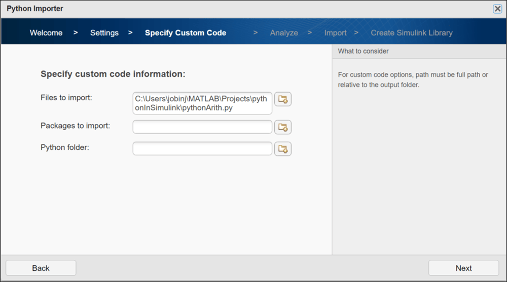 Python Importer with path specifying the location of python file to import to simulink