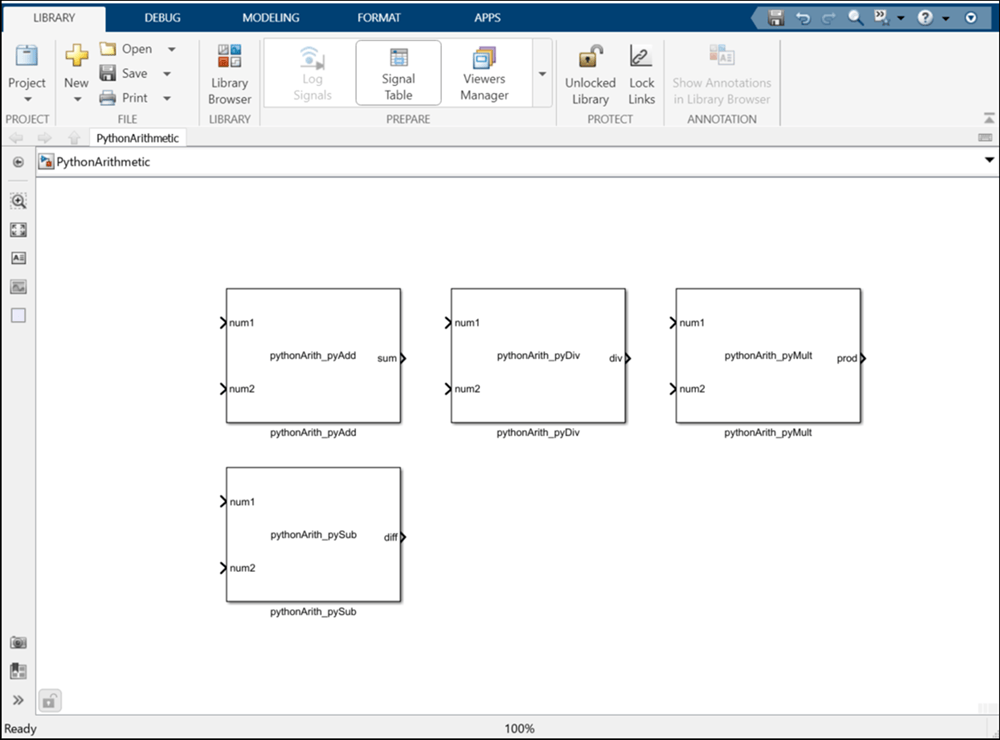 Simulink library created by the python importer with four system blocks for each of the identified python function