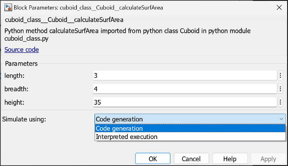 Python block dialog with simulation mode selected as code generation