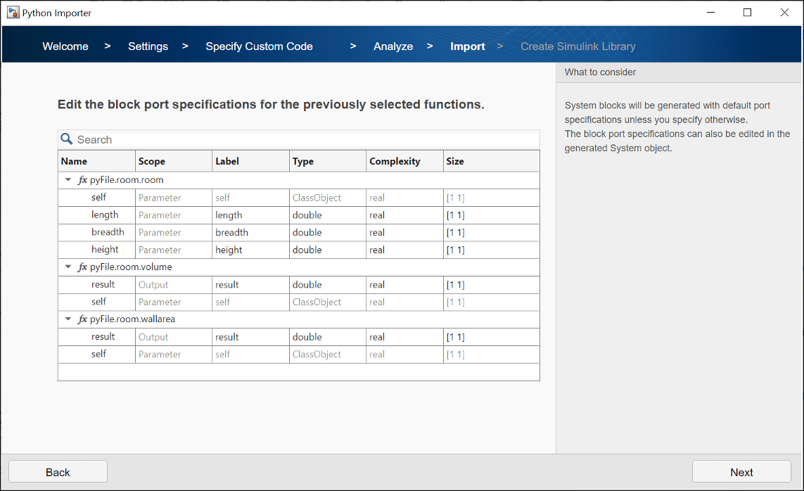 Python Importer window to specify parameters and port specifications