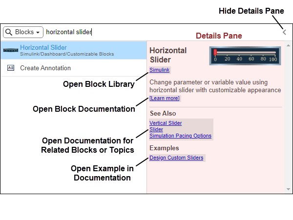 The quick insert menu is open and shows the details pane for the Horizontal Slider block.