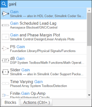 Quick insert search results displaying block icons and block names related to Gain search query.