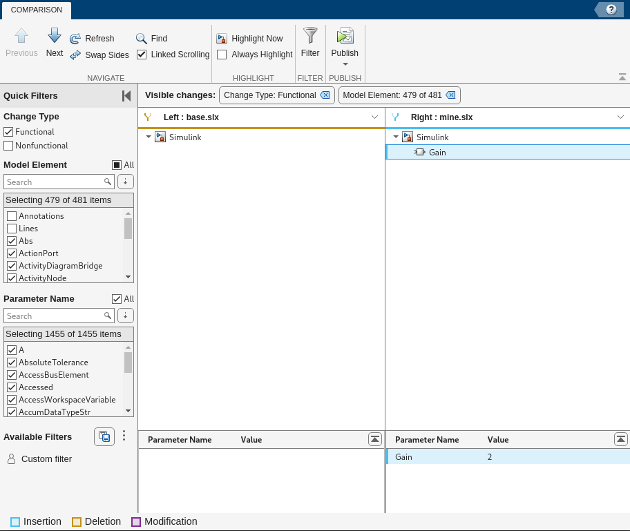 Comparison report with a toolstrip on top, Quick Filters pane on the left, and a side-by-side comparison on the right