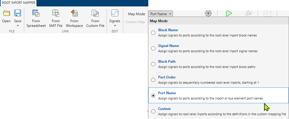 Root Inport Mapper Map Mode with Port Name mode selected.