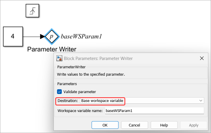 Parameter Writer block that writes to base workspace variable.
