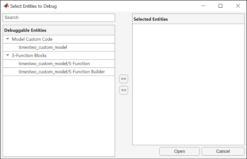 Dialog box that lists entities that can e debugged
