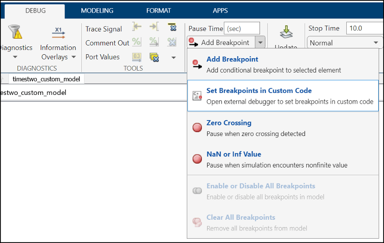 Launch external debugger from the debug tab of Simulink using Set Breakpoints in Custom Code option from drop-down