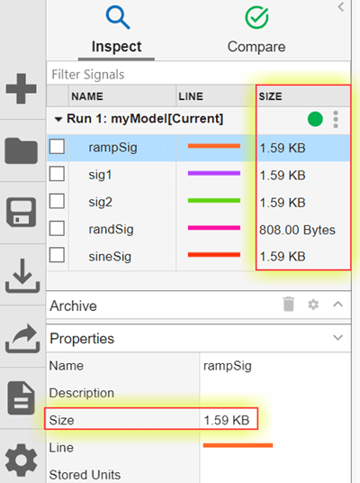 In the signal table of the Simulation Data Inspector, the new Size column is highlighted. In the Preferences pane, the new Size row is highlighted.