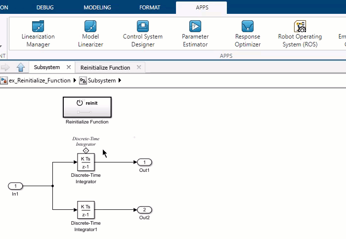 In the video, there is a subsystem named Initialize Function and a Model block named Model_1 that is a parameter owner block. The pointer selects the Model block. In the toolstrip, the Model Block tab appears. In the Model Block tab, the pointer clicks the Related Blocks button. A list of two related blocks appears: the Initialize Function, and the Parameter Writer. The pointer clicks the Parameter Writer. The Initialize Function subsystem opens, and the Parameter Writer block is selected.