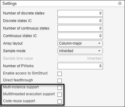 S-Function Builder with new flags, Multi-instance support, Multithreaded execution support, code reuse support