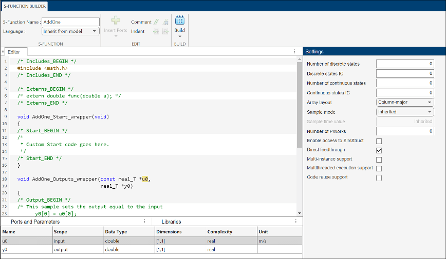 S-Function Builder window with units