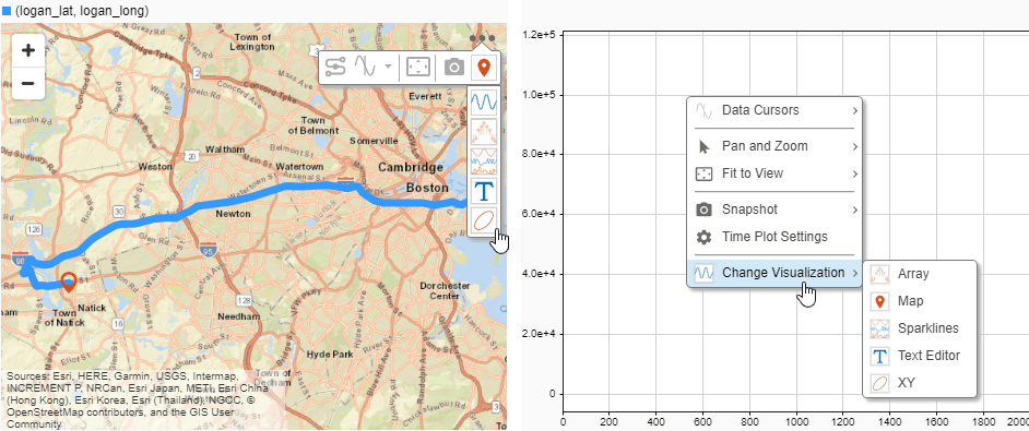 Map with the subplot menu open and the Change Visualization option expanded next to a time plot with the context menu open and the Change Visualization option expanded.