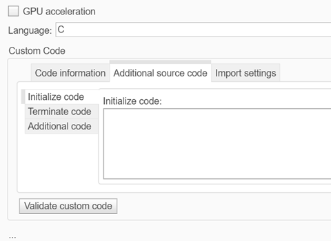 Additional source code tab of Simulation Target pane of Model Configuration Parameters dialog