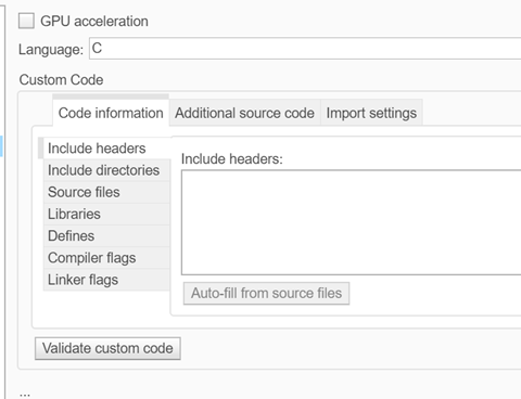 Code information tab of Simulation Target pane of Model Configuration Parameters dialog